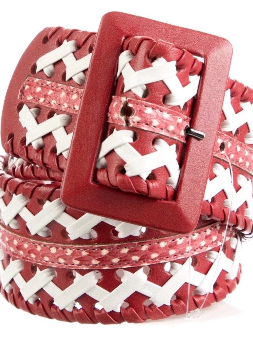 Oscar de la Renta Red and White Woven Leather Belt